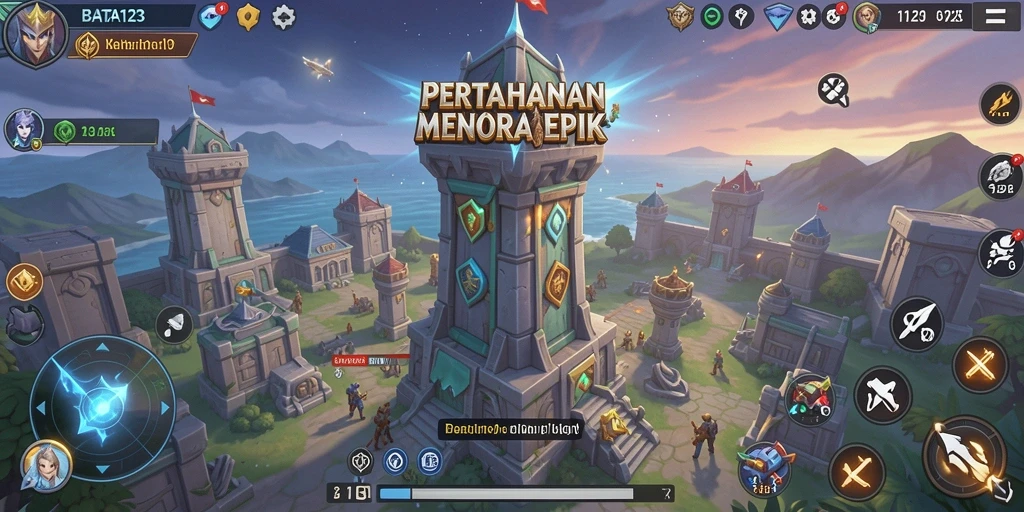Screenshot BATA123 menampilkan aksi menara yang menghalau musuh.