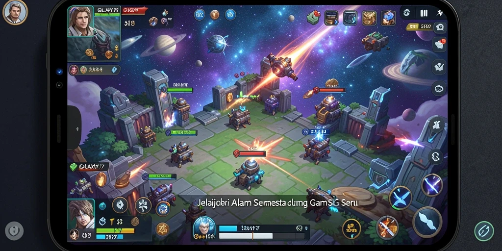 Screenshot utama GALAXY77 menampilkan aksi seru dalam membangun galaksi.